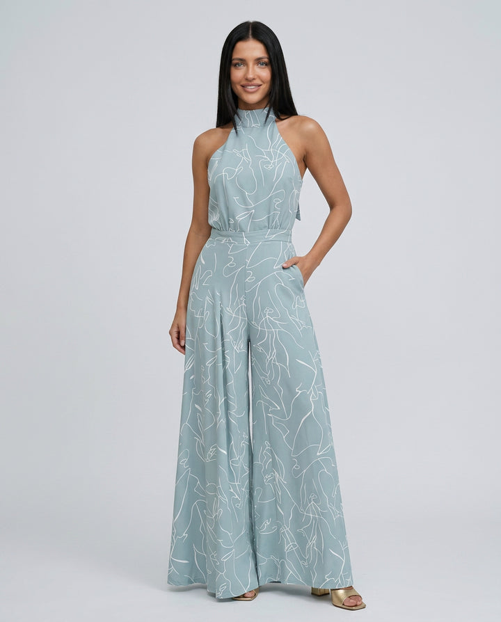 Imogen | Women's Elegant Printed Wide-Leg Jumpsuit with Halter Neck — Light Blue