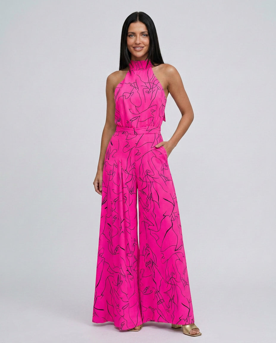 Imogen | Women's Elegant Printed Wide-Leg Jumpsuit with Halter Neck — Pink