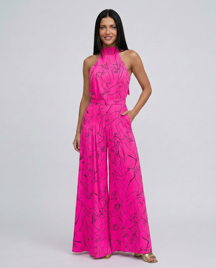 Imogen | Women's Elegant Printed Wide-Leg Jumpsuit with Halter Neck — Pink