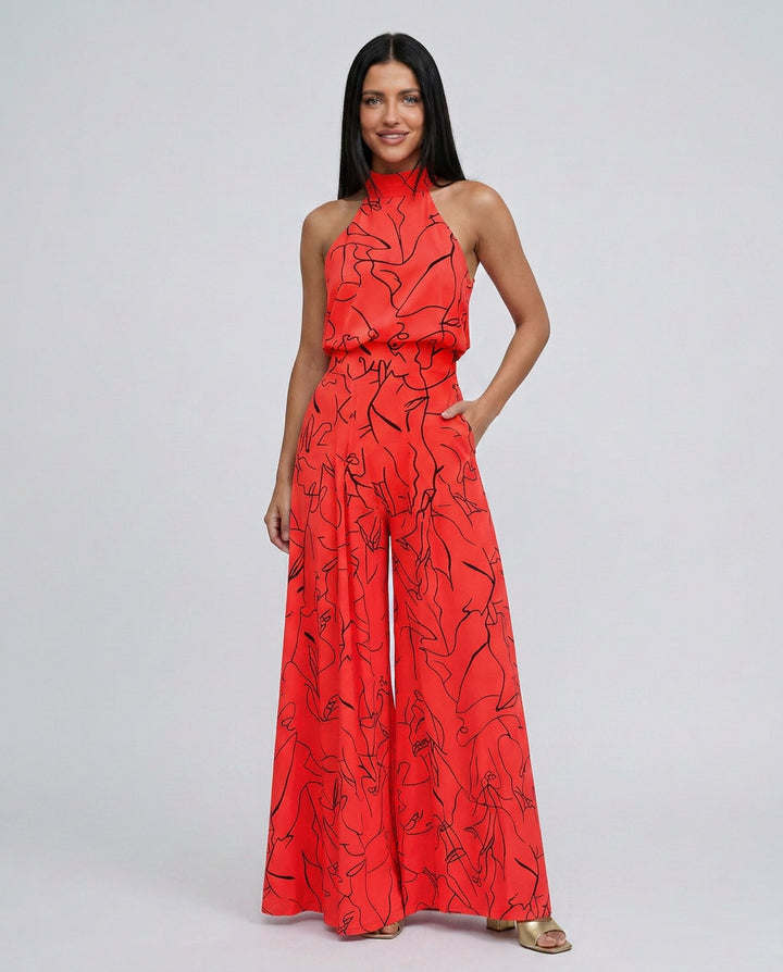 Imogen | Women's Elegant Printed Wide-Leg Jumpsuit with Halter Neck — Red