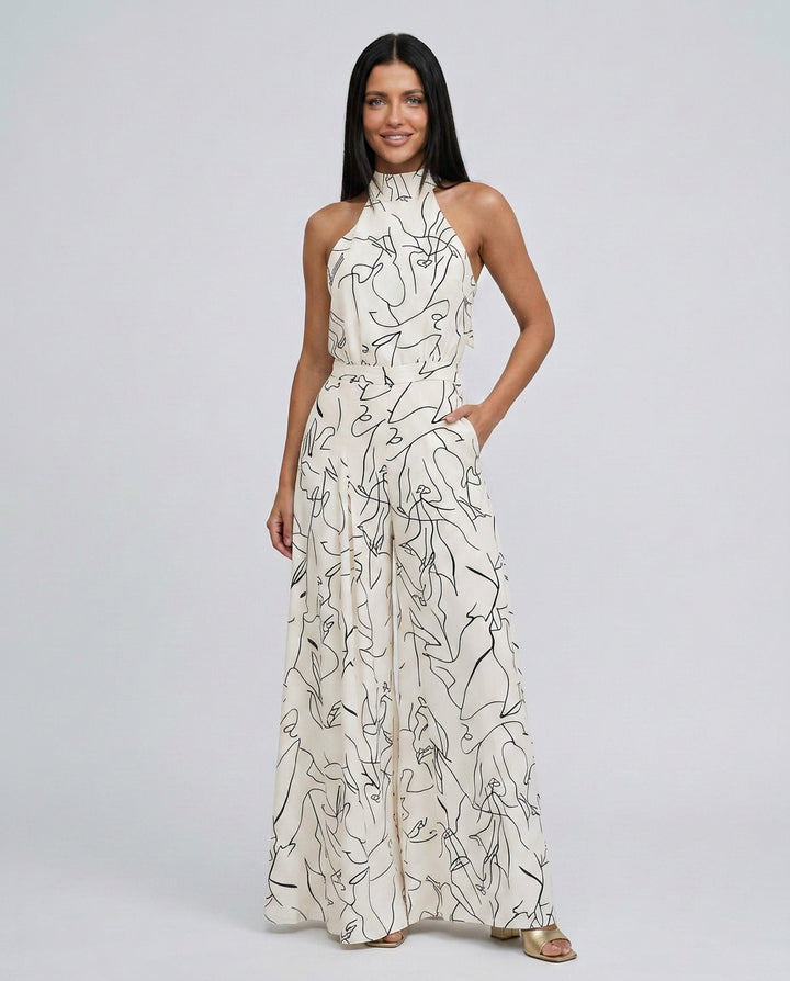 Imogen | Women's Elegant Printed Wide-Leg Jumpsuit with Halter Neck — White