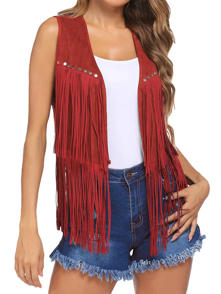 Ioneienne | Women's Casual Stretch Sleeveless Fringe Open-Front Top — Green