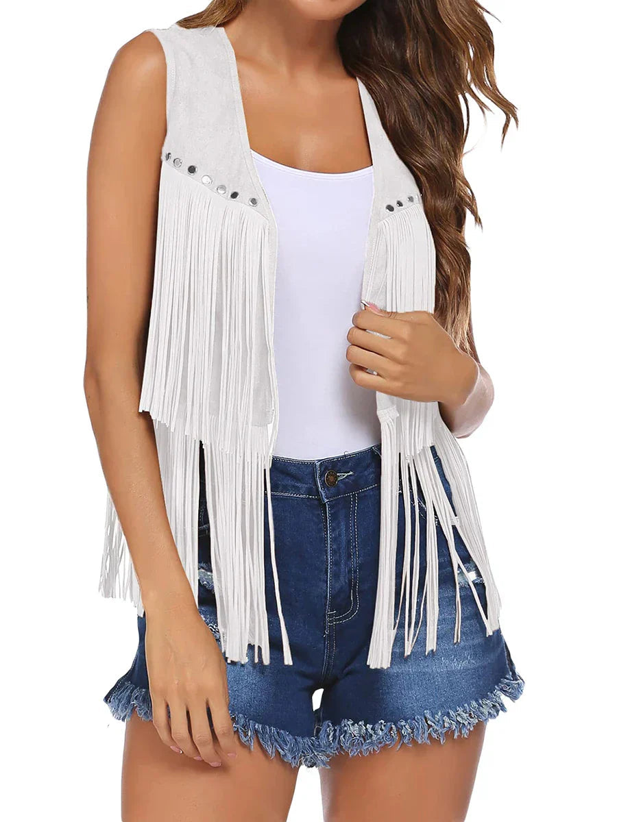 Ioneienne | Women's Casual Stretch Sleeveless Fringe Open-Front Top — White