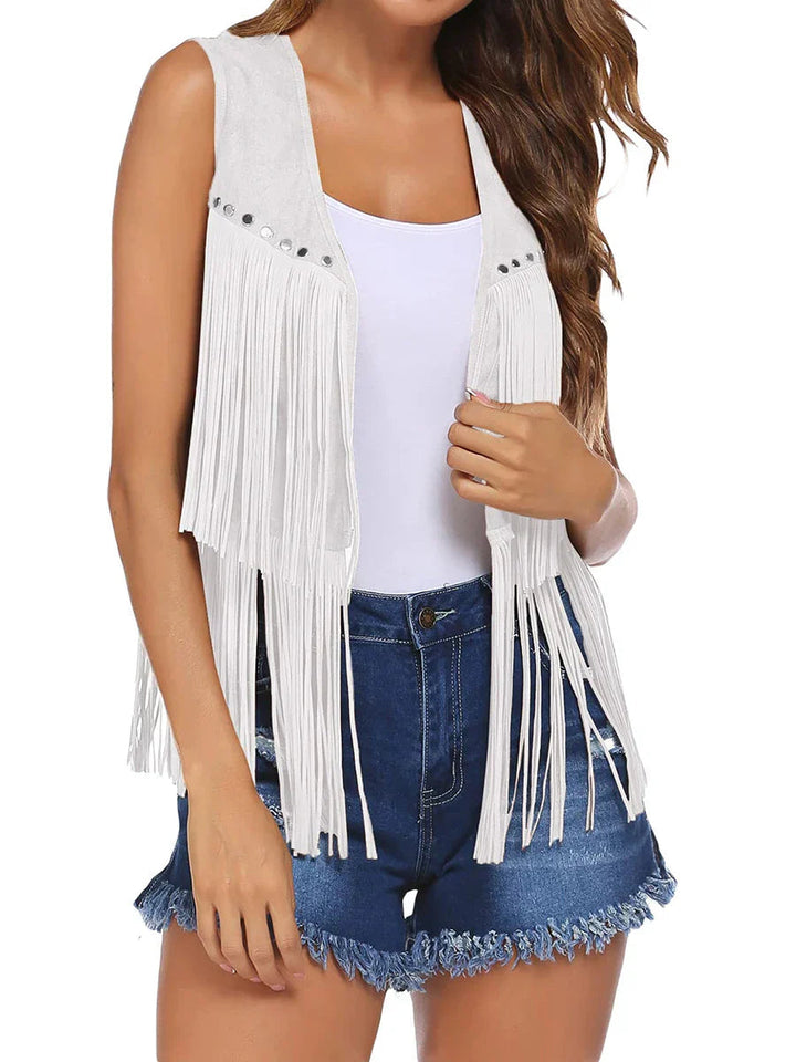 Ioneienne | Women's Casual Stretch Sleeveless Fringe Open-Front Top — White