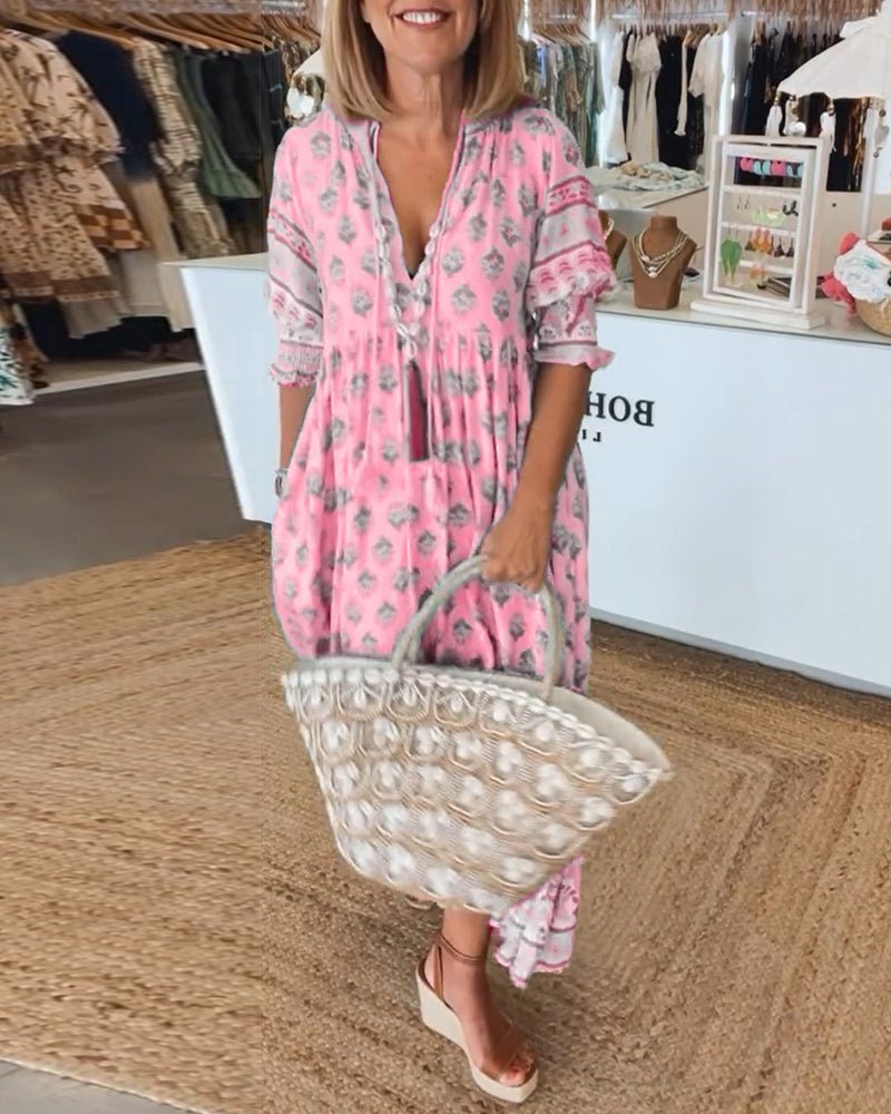 Ioneina | Women's Elegant Chic Floral V-Neck Dress — Pink