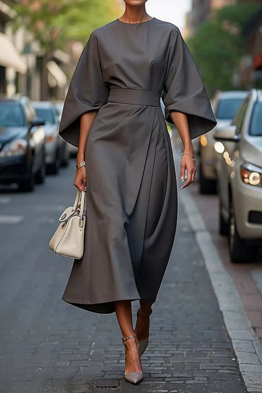 Iris | Women's Wedding Guest Elegant Lantern Sleeve Fitted Evening Maxi Dress Dresses — Grey