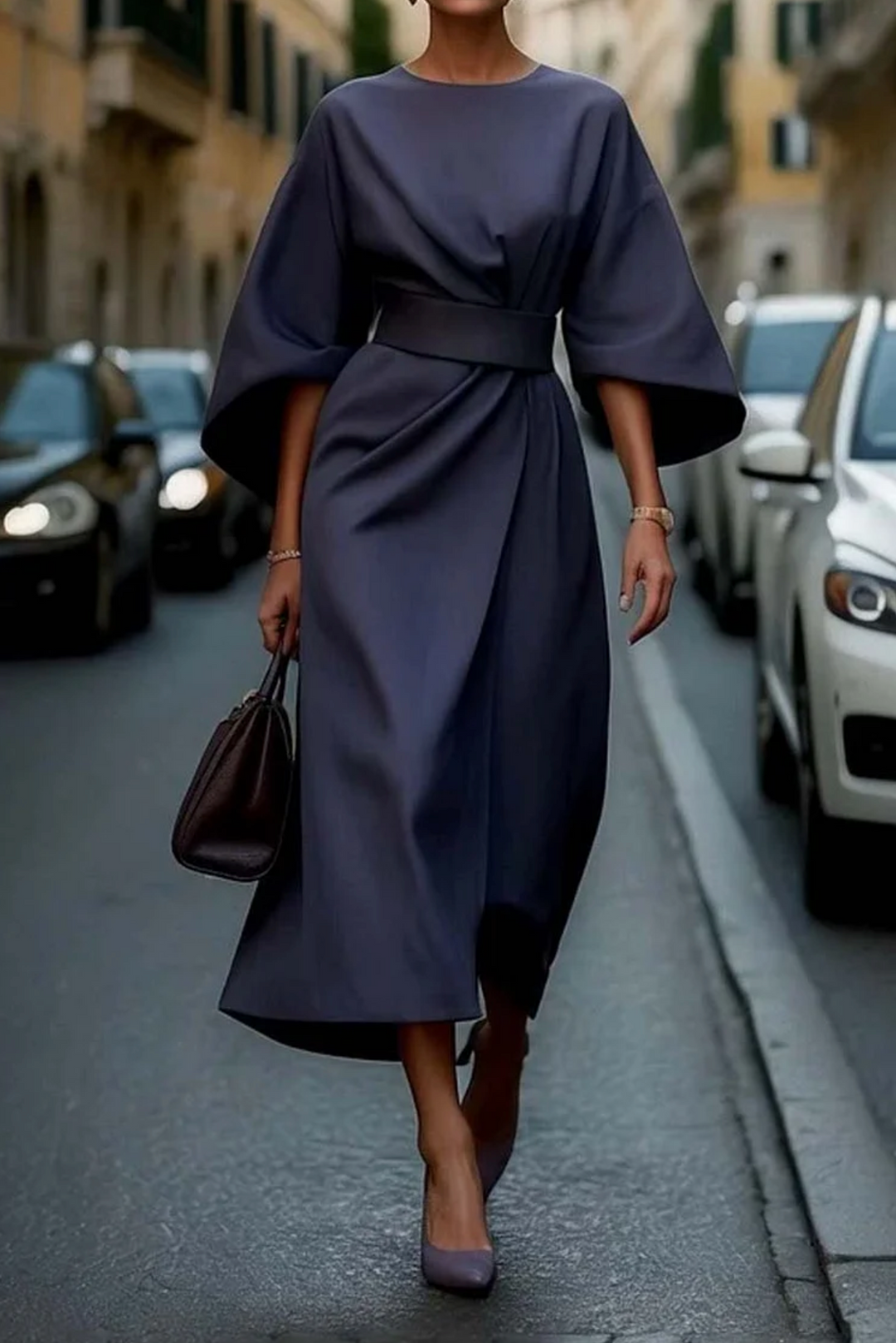 Iris | Women's Wedding Guest Elegant Lantern Sleeve Fitted Evening Maxi Dress Dresses — Navy Blue