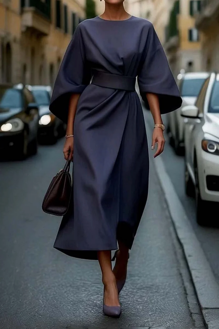 Iris | Women's Wedding Guest Elegant Lantern Sleeve Fitted Evening Maxi Dress Dresses — Navy Blue