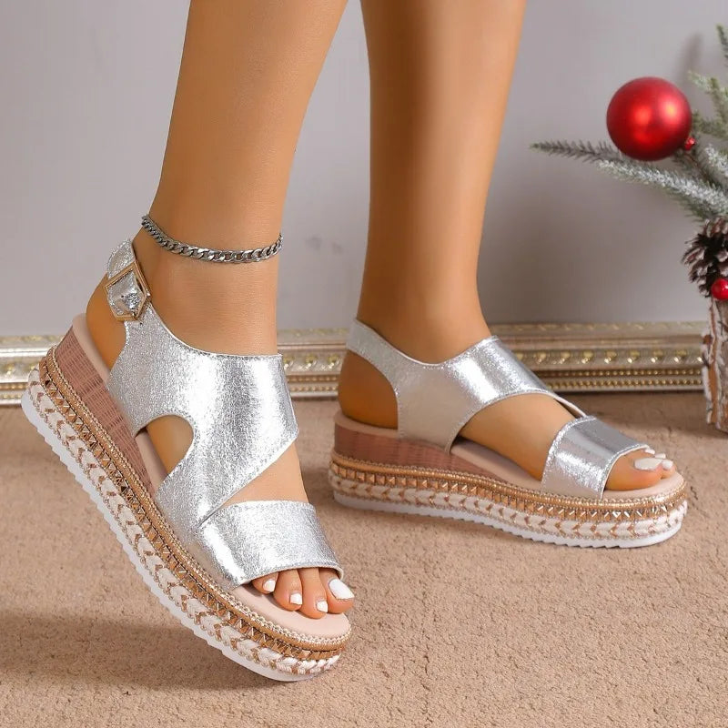 Irma | Women's Comfortable Summer Platform Sandals With Adjustable Strap — Silver