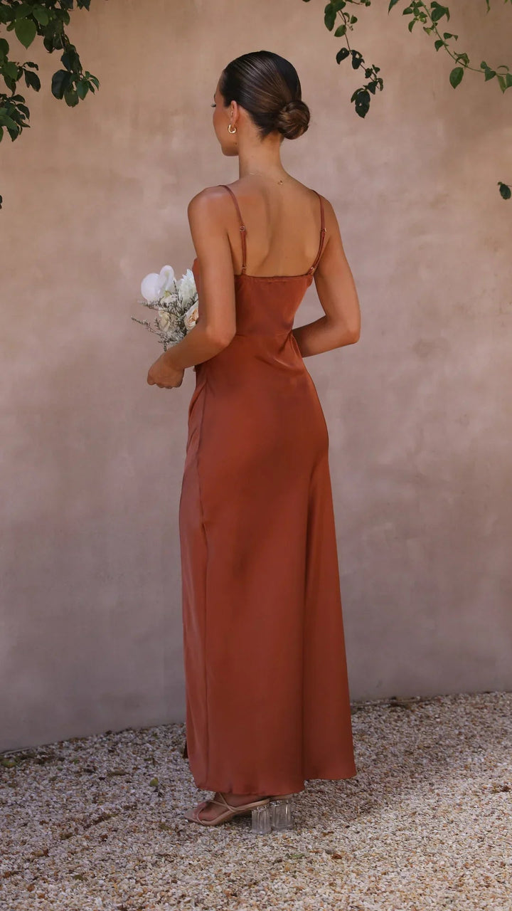 Isadora | Women's Wedding Guest Elegant Satin Slip Dress With Straight Neckline And Side Split Dresses — 2