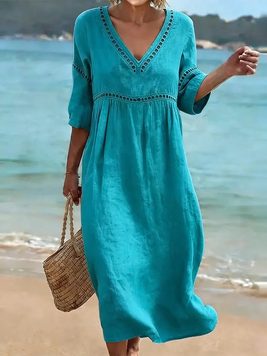 Ivoelle | Women's Elegant V-Neck Cotton Dress — Blue