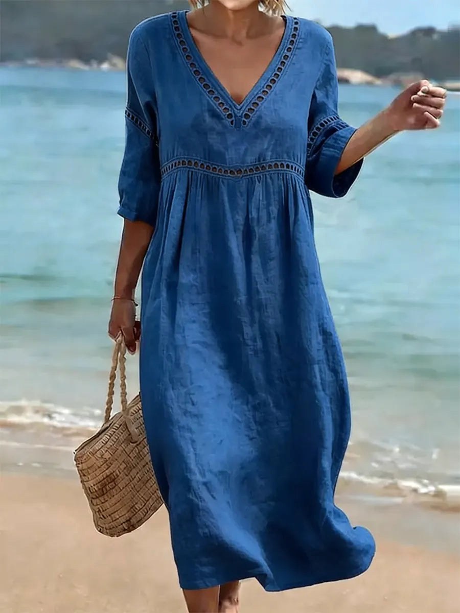 Ivoelle | Women's Elegant V-Neck Cotton Dress — Navy Blue