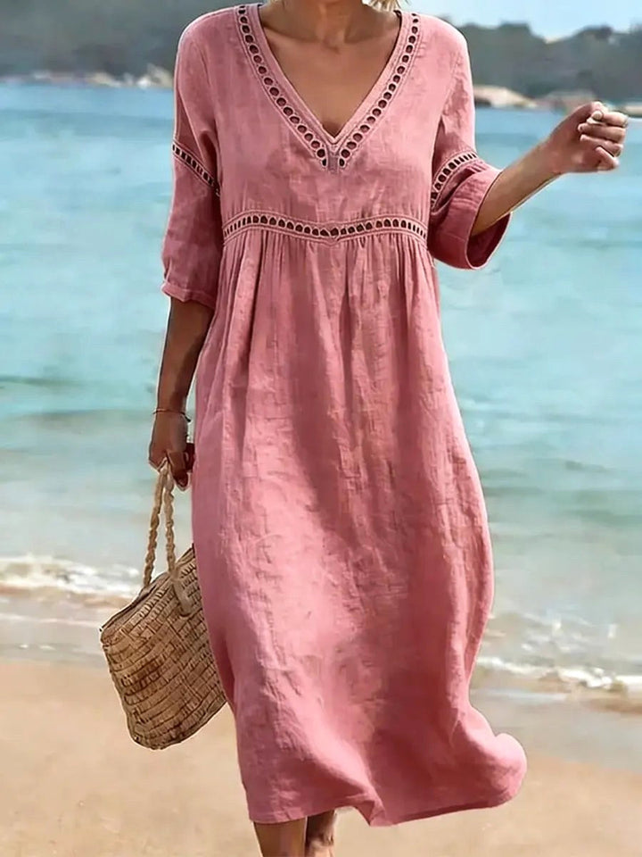 Ivoelle | Women's Elegant V-Neck Cotton Dress — Pink
