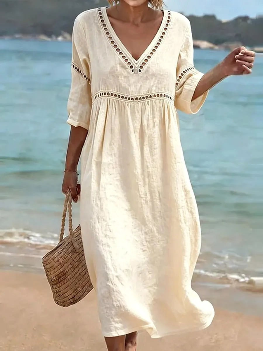 Ivoelle | Women's Elegant V-Neck Cotton Dress — White