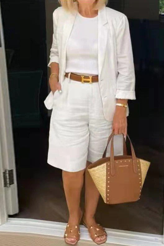 Ivolyn | Women's Two-Piece Matching Blazer Shorts Two Piece Suit Set — White
