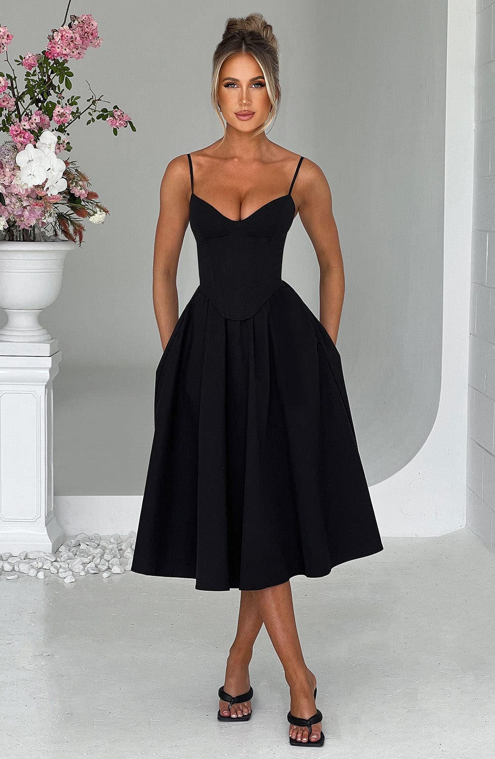 Ivoraine | Women's Elegant Black Midi Dress — 2