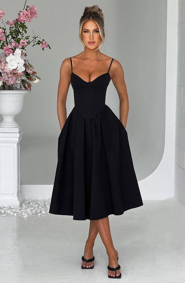 Ivoraine | Women's Elegant Black Midi Dress — 2