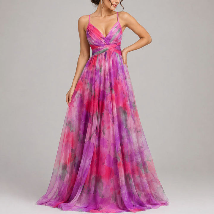 Ivorvanne | Women's Elegant Watercolor Print Chiffon Maxi Dress — 1