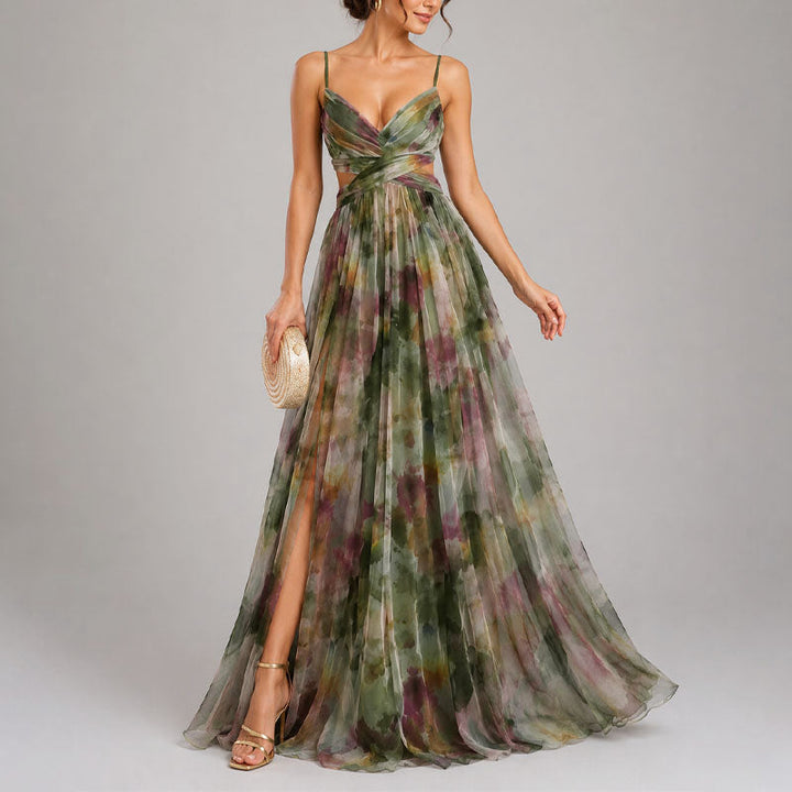 Ivorvanne | Women's Elegant Watercolor Print Chiffon Maxi Dress — Green