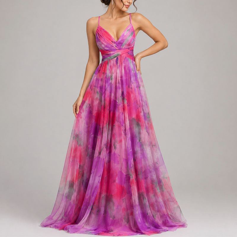 Ivorvanne | Women's Elegant Watercolor Print Chiffon Maxi Dress — Pink