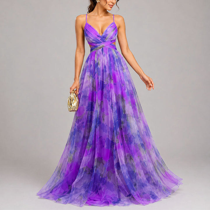 Ivorvanne | Women's Elegant Watercolor Print Chiffon Maxi Dress — Purple