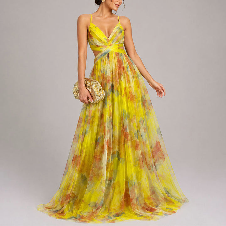 Ivorvanne | Women's Elegant Watercolor Print Chiffon Maxi Dress — Yellow