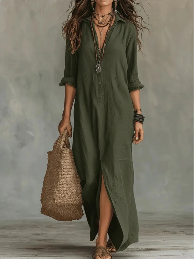 Ivorwen | Collared Half-Button Side Split Maxi Dress