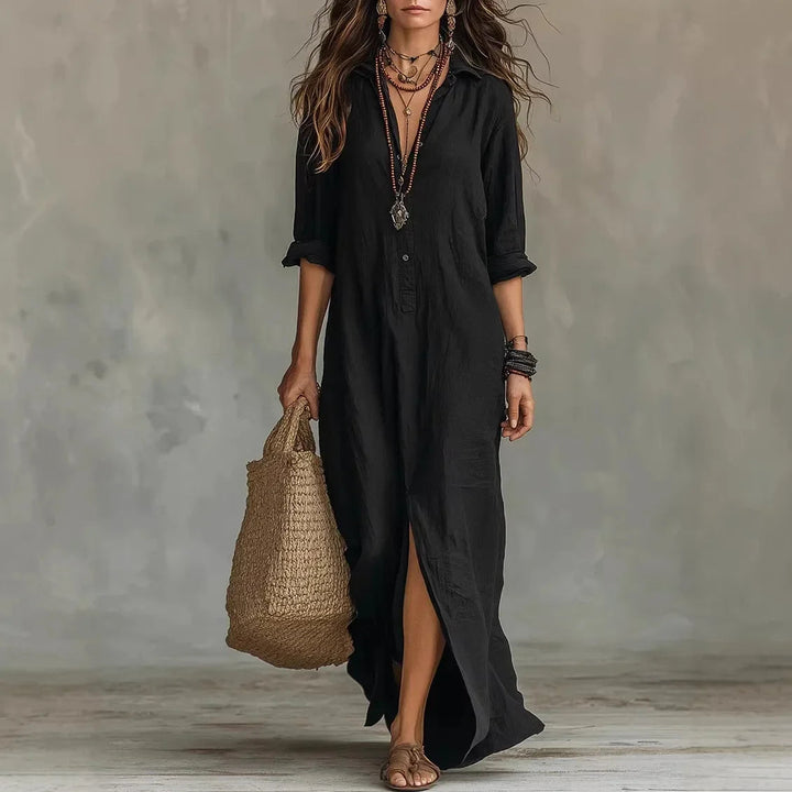 Ivorwen | Collared Half-Button Side Split Maxi Dress