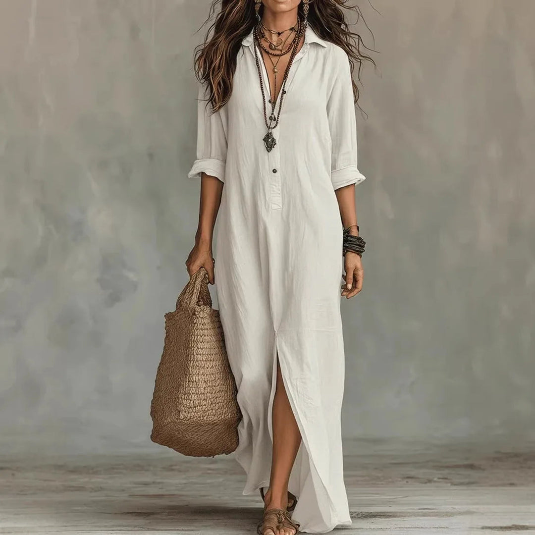 Ivorwen | Collared Half-Button Side Split Maxi Dress
