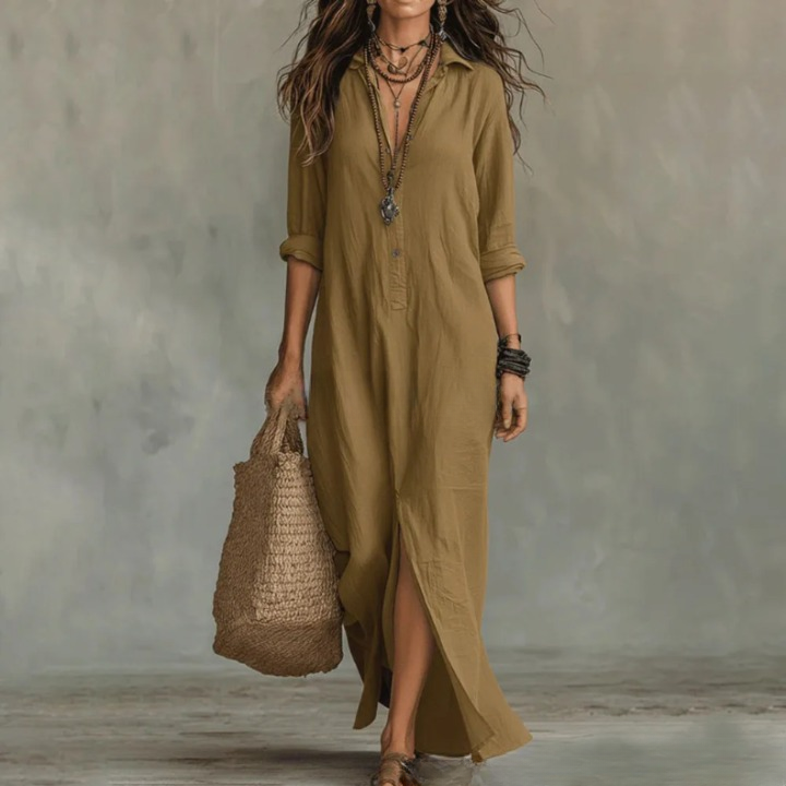 Ivorwen | Collared Half-Button Side Split Maxi Dress
