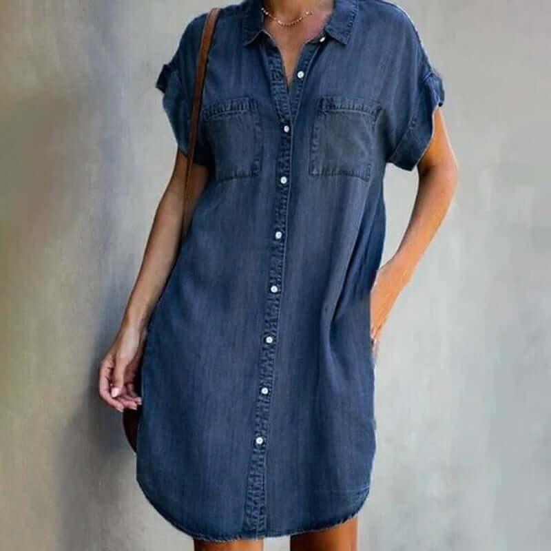 Joraria | Women's Elegant Classic Front Button Denim Shirt Dress — 2