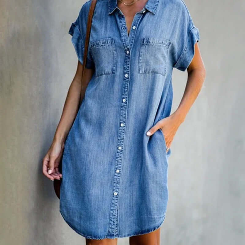 Joraria | Women's Elegant Classic Front Button Denim Shirt Dress — Light Blue
