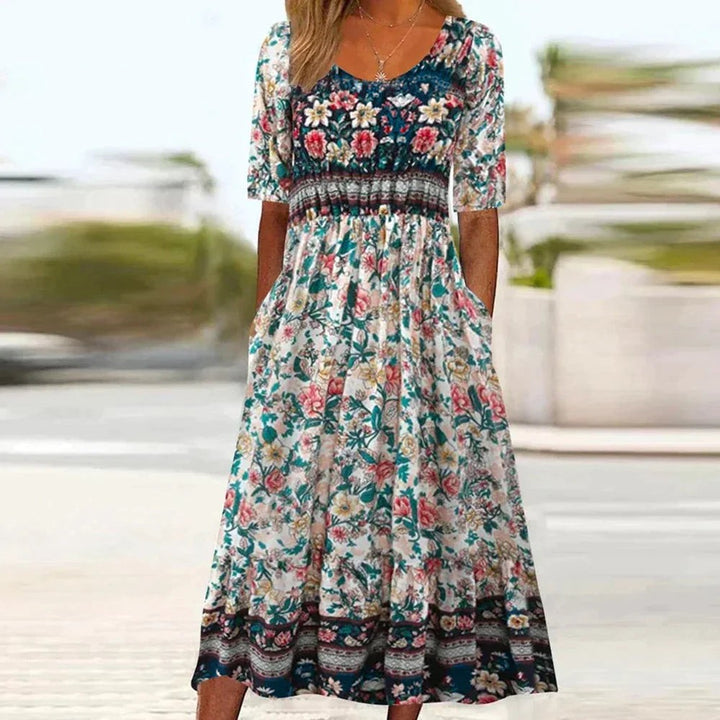 Jorvemira | Women's Elegant Floral Boho Tiered Midi Dress with Pockets — 2