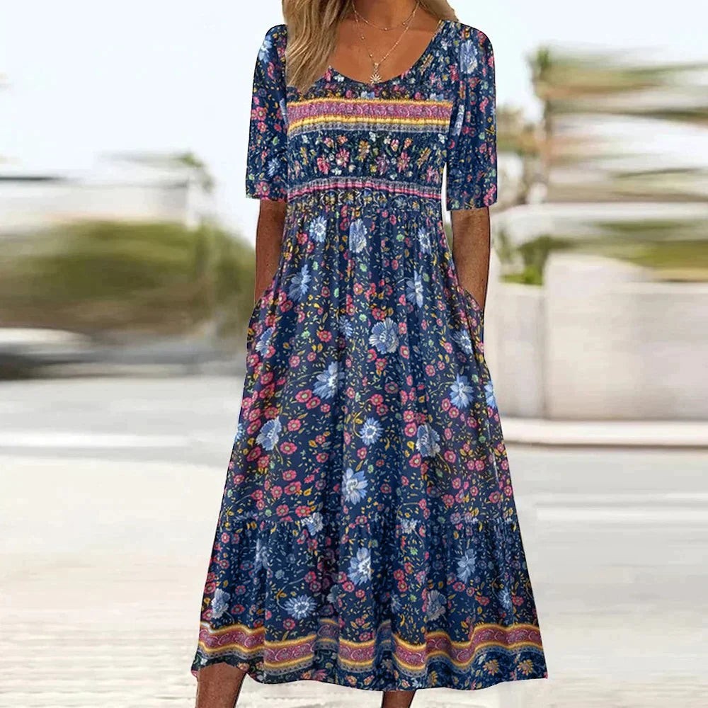 Jorvemira | Women's Elegant Floral Boho Tiered Midi Dress with Pockets — Navy