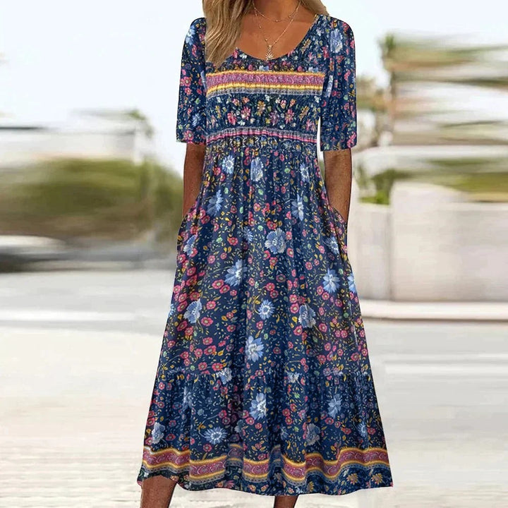 Jorvemira | Women's Elegant Floral Boho Tiered Midi Dress with Pockets — Navy