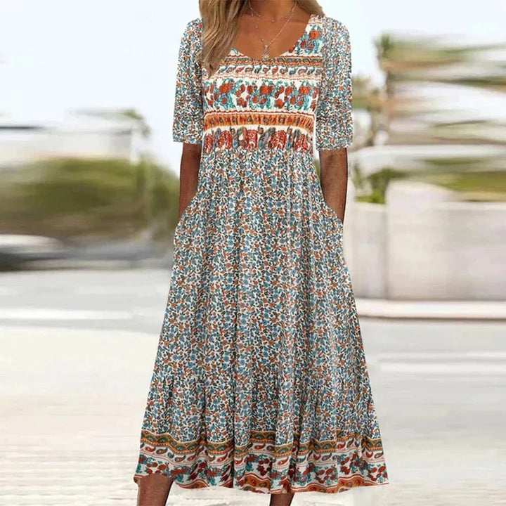 Jorvemira | Women's Elegant Floral Boho Tiered Midi Dress with Pockets — Orange