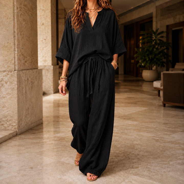 Jorvenova | Women's Matching Relaxed Linen Wide Leg Two Piece Set — Black
