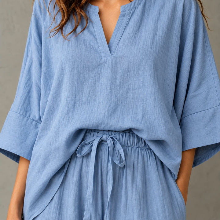Jorvenova | Women's Matching Relaxed Linen Wide Leg Two Piece Set — 2