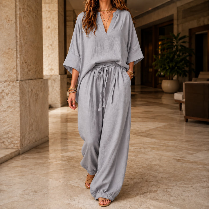 Jorvenova | Women's Matching Relaxed Linen Wide Leg Two Piece Set — Grey