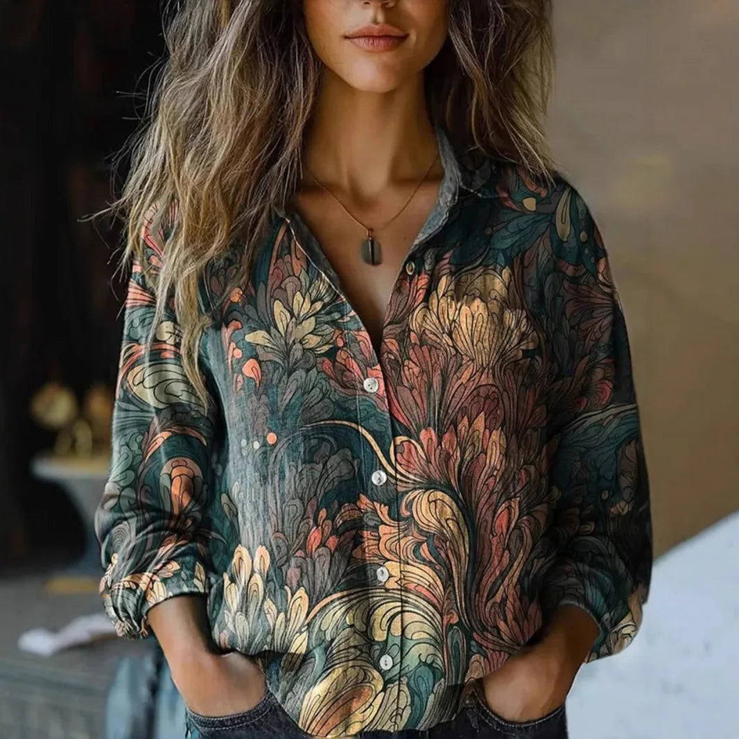 Jorveora | Women's Relaxed Casual Boho Print Long Sleeve Button-Up Blouse — Dark Green