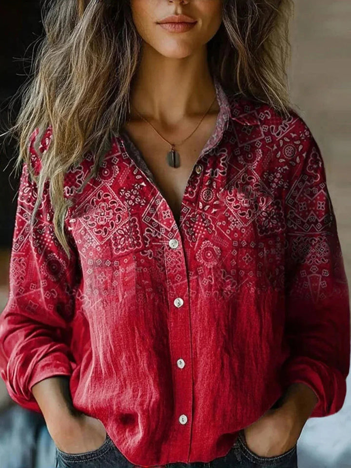 Jorveora | Women's Relaxed Casual Boho Print Long Sleeve Button-Up Blouse — Deep Red
