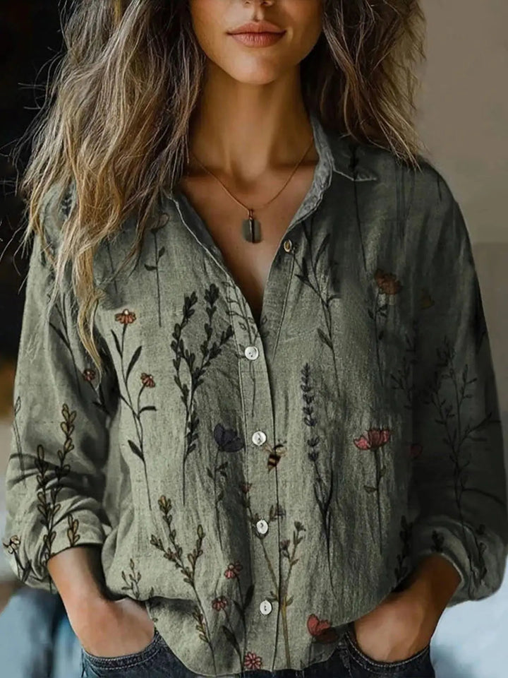Jorveora | Women's Relaxed Casual Boho Print Long Sleeve Button-Up Blouse — Olive Green