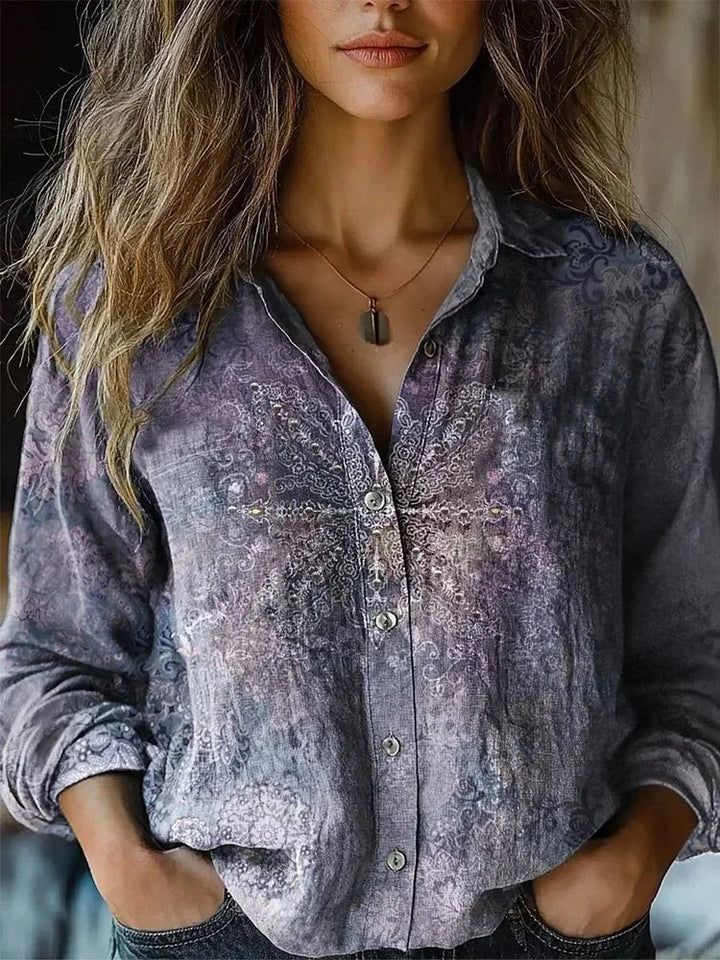 Jorveora | Women's Relaxed Casual Boho Print Long Sleeve Button-Up Blouse — Purple
