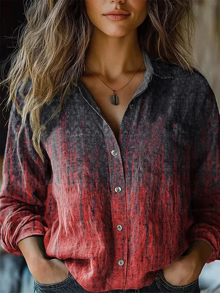 Jorveora | Women's Relaxed Casual Boho Print Long Sleeve Button-Up Blouse — Red-Dark Grey