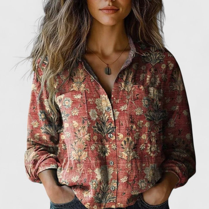Jorveora | Women's Relaxed Casual Boho Print Long Sleeve Button-Up Blouse — Red