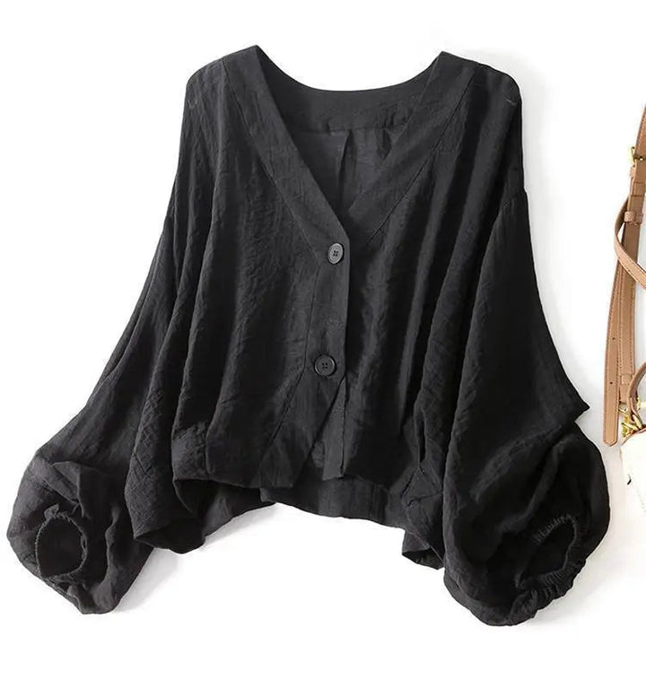 Jorveynn | Women's Relaxed Casual Linen Batwing Blouse — Black