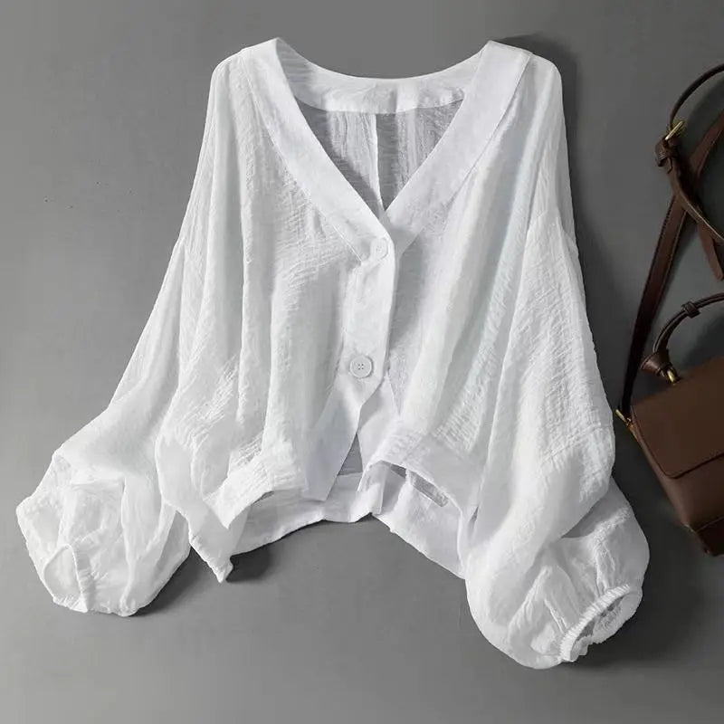 Jorveynn | Women's Relaxed Casual Linen Batwing Blouse — White