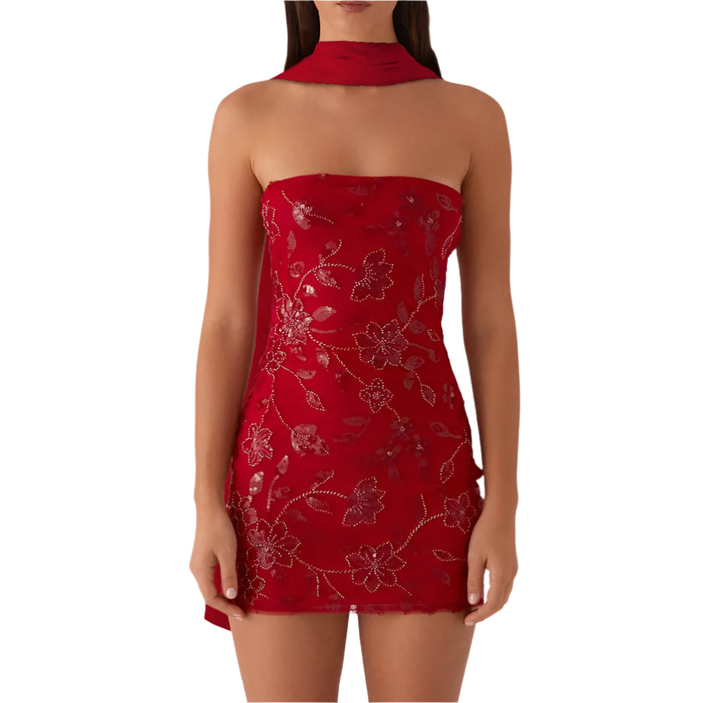 Jossbelle | Off-Shoulder Floral Embroidered Tube Dress