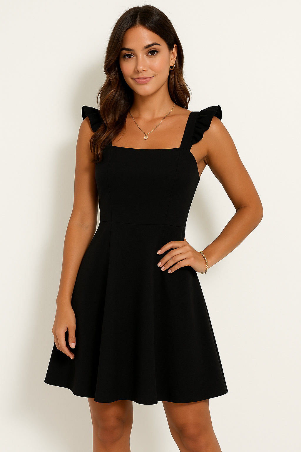 Jossessa | Women's Elegant Ruffle Strap Mini Dress – Fit & Flare Cocktail Day Dress — Black (Almost sold out)