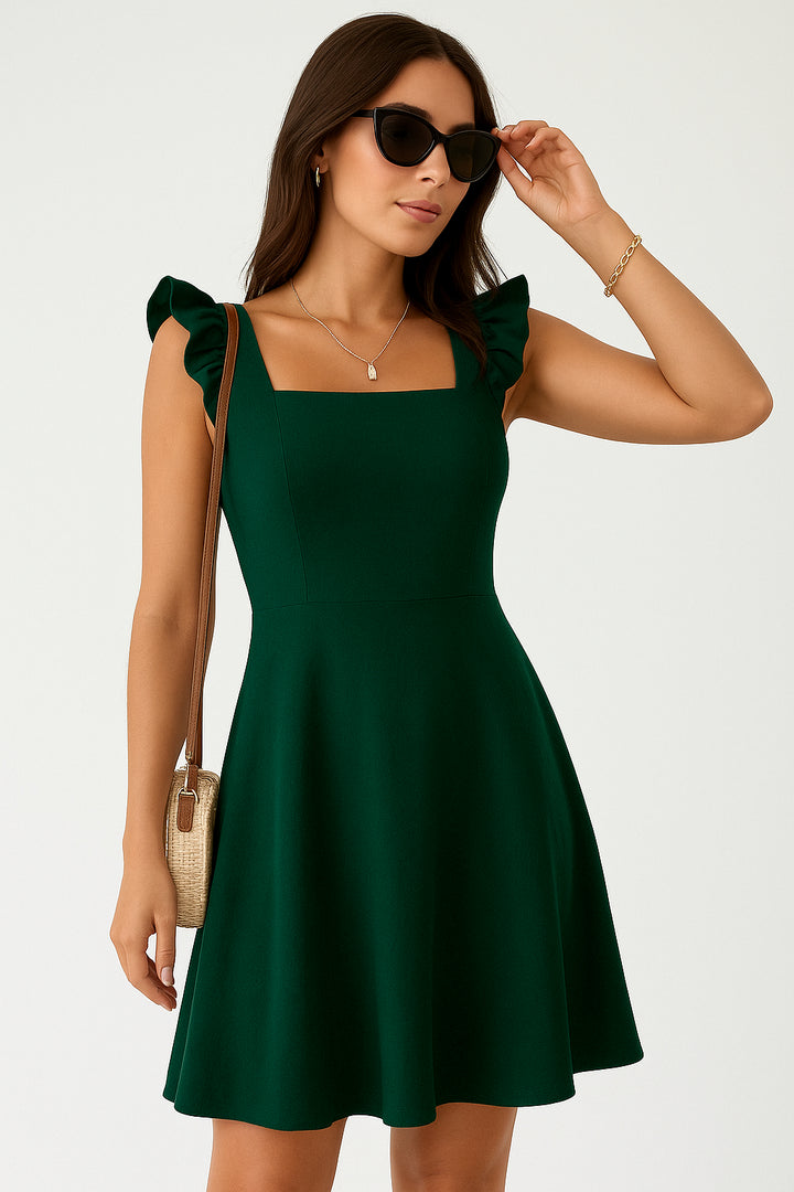 Jossessa | Women's Elegant Ruffle Strap Mini Dress – Fit & Flare Cocktail Day Dress — Dark Green